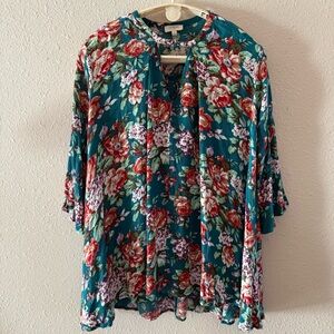 Umgee Floral Boho Dress Keyhole Dark Jade Peasant Tunic Hippie Women’s Size S